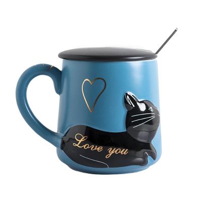 China 2021 400ml 3D Cat Ceramic Mug (Customized) Viable Relief With Lid And Spoon Coffee Mug Lovers Mug for sale