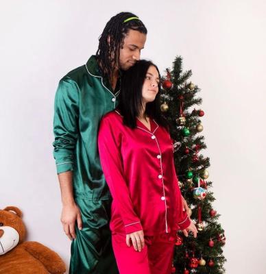 China Christmas QUICK DRY Pajamas Baby Kids Adults Long Sheath Comfy Women Red Green Silk Matte Satin Solid Pajamas Men for sale