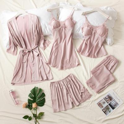 China Wholesale Five-Piece Loungewear Lace Pajamas High Quality QUICK DRY Satin Home Sleepwear Set For Women for sale