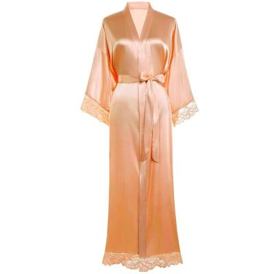 China Charming QUICK DRY Long Robe Satin Design Bridesmaid Wedding Bathrobe Kimono With Lace Trim for sale