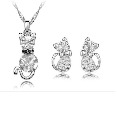 China High Quality 4 Pcs Fashion Romantic Zircon Crystal Cat Necklace Animal Earrings Jewelry Set Silver Blue for sale