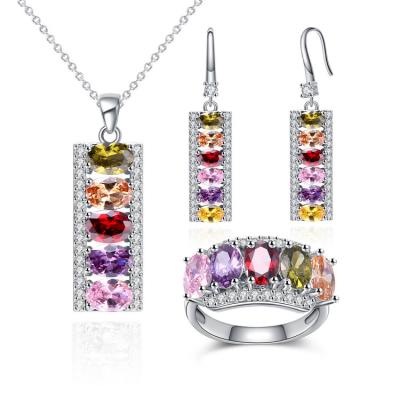 China Romantic Platinum Plated Oval Cut Zircon 7 Stones Necklace Earrings And Ring Half Moon Party Jewelry Sets for sale