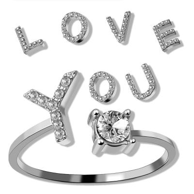 China Crystal Encrusted Initial Ring Free Romantic Adjustable Size Letter Stackable Joint Ring Bridesmaid Gift for sale