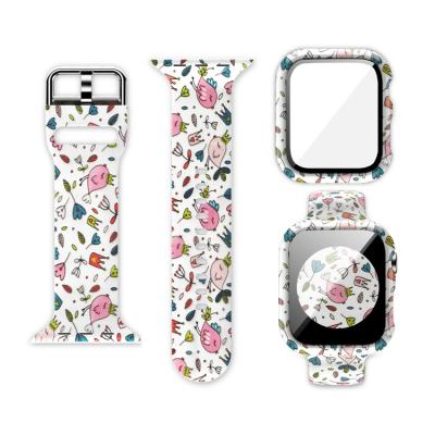 China Fashion Cartoon Flower Print Floral Watch Silicone Case For Apple iWatch Bands And Cover Case Combo Sales for sale