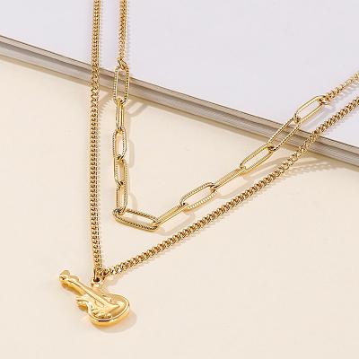 China KALEN FASHIONABLE Personality Ukulele Pendants Links Gold Plating Double Layered Women's Charm Stainless Steel Jewelry Necklace for sale