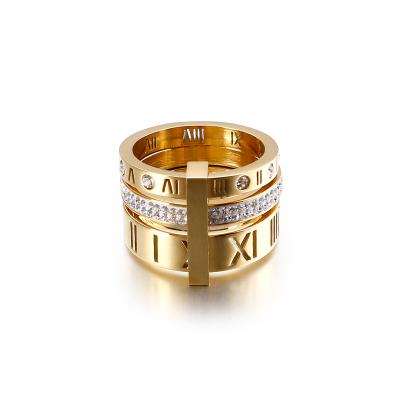 China Hot Sale 18k Gold Vacuum Plating Zircon Simple Design Two Finger Roman Numerals Rings CLASSIC for sale