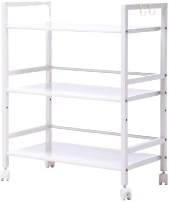 China Modern Simple Metal Rolling 3 Shelf Display Rack Serving Cart with Wheels Square Tube White Display Stand for sale