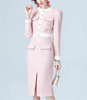 China 2022 Women's Elegant Sleeve Coat Pink Autumn Winter Two Piece Set QUICK DRY Temperament Pink Long And Short Split Skirt for sale