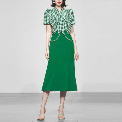 China 2022 QUICK DRY Two Piece Set Women Suit New Style Lotus Leaf Lantern Sleeve Bow Tie Shirt Green Long Sleeve Fishtail Skirt for sale