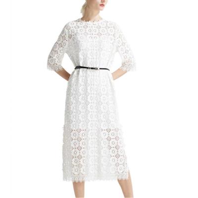 China 2022 Summer Fashion White Lace Women's Five Point Spring And Sleeves Anti-Static Long Above Knee Lady Hollow Straight Loose Dress for sale