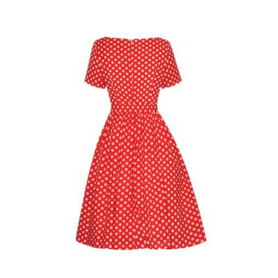 China 2022 Bule Dot Waist Tie Short Sleeve Retro Summer Office Anti-Static Red Dresses Elegant Casual Breathable Comfortable Simple Cotton for sale