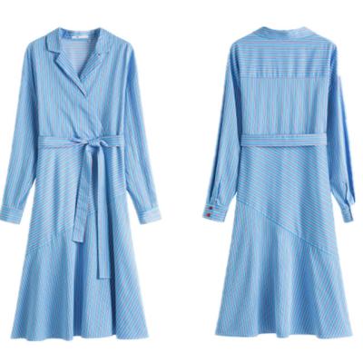 China 2022 Anti-Static New Autumn Temperament Suit Collar Striped Goddess Fan Spring And Waist With Belt Shirt Professional Dress for sale