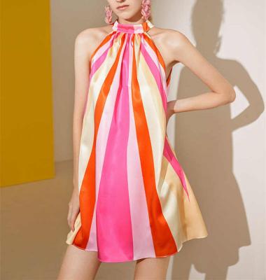 China 2022 Wholesale Women's Anti-Static Contrast Color Striped Off-shoulder Bow Style Boho Holiday Wind Beach Skirt Dress for sale