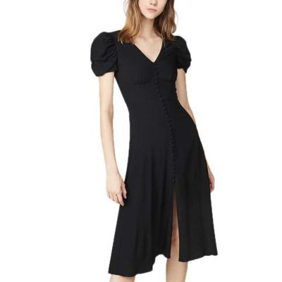 China 2022 Fashionable Women's V-Neck Skirt Anti-Static Summer Long High-Waisted Blowout Black Mid-Length Sleeves Split Dress for sale