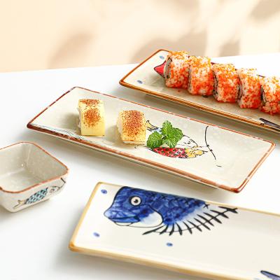 China Viable Hot Selling Wholesale Restaurant Cat Fish Cartoon Color Hand Painted 10 Inch Rectangular Ceramic Sushi Dessert Dinner Dishes for sale