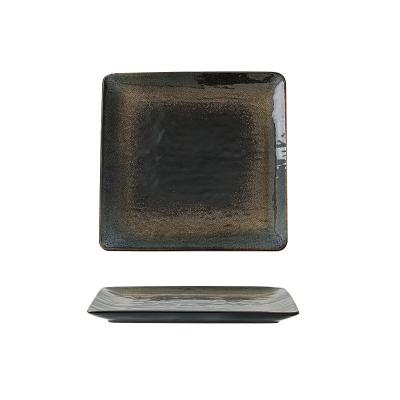 China Sustainable 8 10 Inch Designer Japanese Hotel Stoneware Kitchen Textured Square Meat Stone Serving Black Dishes Restaurant for sale