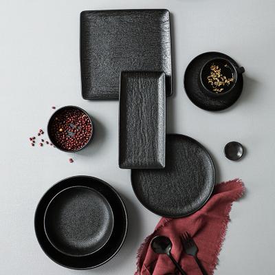 China Kitchen Viable Textured Rectangular Stone Serving Dish Sets Meat Porcelain Restaurant Matte Ceramic Dinner Plates Dark Black for sale