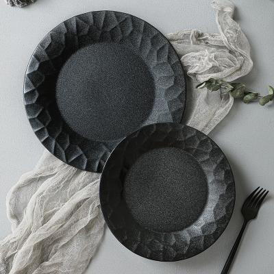 China Wholesale Viable Round 8.5 10 Inch Stone Kitchen Serving Dish Sets Restaurant Matte Ceramic Dinner Black Meat Porcelain Plates for sale