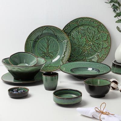 China Sustainable European Ware Green Ceramic Round Irregular Dishes Normal Serving Dinnerware Sets Royal Luxury Porcelain for sale