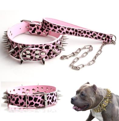 China Small Large Personalized Pu Metal Leather Chain Dog Leash Combo Set High Quality Pointed Studded Dog Collar for sale