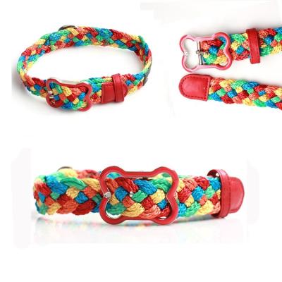 China Custom Made Fashion Custom Braided Adjustable Nylon Stripe Dog Collar And Lead Leash Set Handmade Braided Adjustable Set for sale