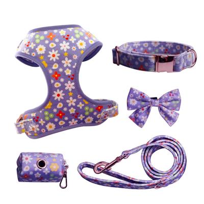 China Designer Pet Leash Collar Poop Bag Bow Knot Padded Adjustable Custom Chest Printing Flower Velvet Luxury Dog Harness Set for sale