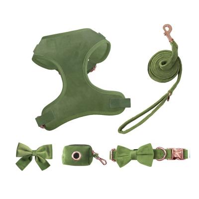 China Designer OEM Fashion Stuff Padded Stylish Eco Friendly Matching With Collar Leash Sex Pet Bow Tie Velvet Dog Harness Set for sale