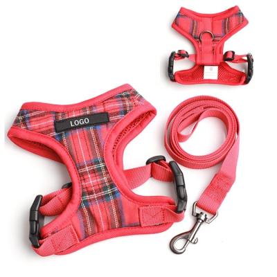 China Wholesale Sustainable Soft Padded Plaid Adjustable Walking Puppy No Pull Mesh Dog Harness Leash Set for sale