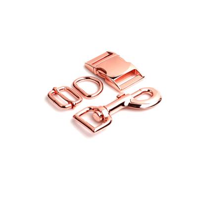 China Eco-Friendly 25mm Dog Collar Hardware Metal Accessories Rose Gold Tri-Grlide Side Release D-Ring Hooks and Buckle Dog Hooks Sets for sale