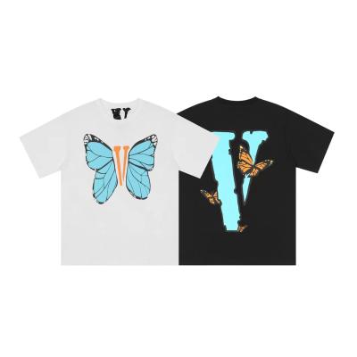 China Anti-wrinkle V BIG V butterfly couple of cotton shorts sleeve summer loose women's lonely printing and man's lonely V T-shirt for sale