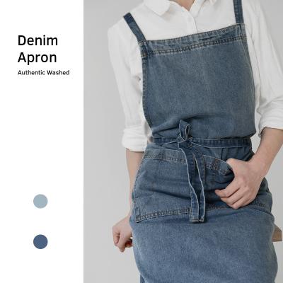 China Wholesale High Quality Durable Adjustable Cross Denim Back Apron For Kitchen Art Cooking Waitress Hairdresser Aprons With Pockets for sale