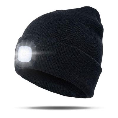 China COMMON LED Beanie Flashlight Hat Unisex USB Rechargeable Hands Free 4 LED Headlamp Cap Winter Knitted Night Lighted Hat Beanie for sale