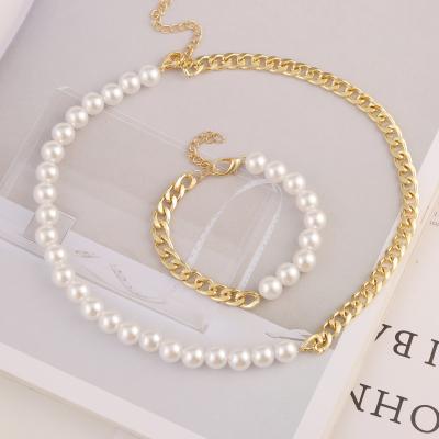 China Hiphop JM factory price pearl with link chain jewelry necklace and bracelet set pearl necklace set for sale