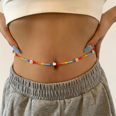 China Long Color Keeping JM Wholesale Custom Bohemian Multi Layer Chain Colored Flower Charm Rice Seed Bead Waist Beads for sale