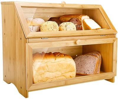 China Sustainable Double Layer Bread Box For Kitchen Large Capacity Bamboo Bread Storage Bin for sale