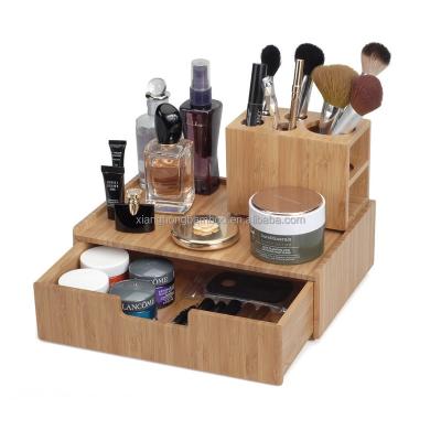 China Sustainable Bamboo Makeup Organizer Rack With Drawer And Movable Brush Holder for sale