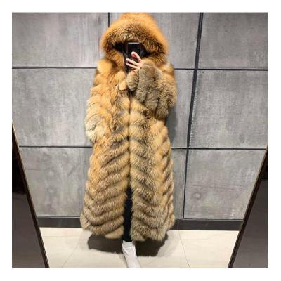 China Custom Made Anti-wrinkle Real Fluffy Jacket Thick Warm Red Fox Hooded Full Natural Fur Coat For Women for sale