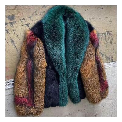 China Anti-Wrinkle Real Fox Collar Winter Fashionable Fluffy Colorful Fur Coat Luxury Fur Big Hairy Thick Warm Jacket For Women for sale