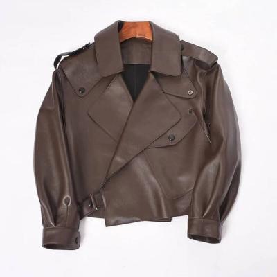 China Wholesale Style Sheep Waterproof Biker Genuine Leather Jacket Women Italian Crop Ditch Leather Coats For Ladies for sale