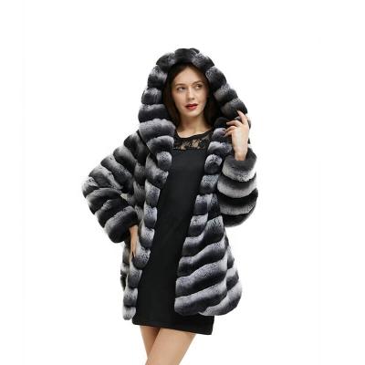 China 2021 Fashion Chinchilla Ladies Anti-wrinkle Real Rex Rabbit Fur Jacket Overcoat Hooded Fur Coat Winter Luxury Warm Women for sale