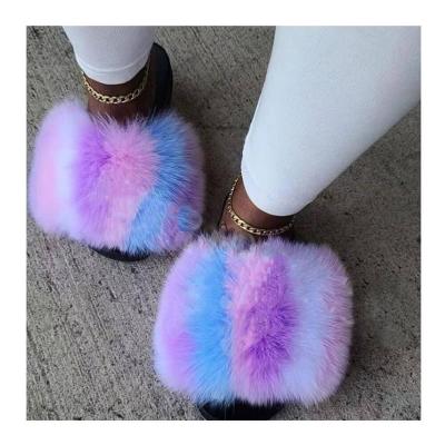 China Fashion Trend Furry Sandalias Con Fox Logo 2021 Pretty Fur Slippers Colorful Custom Female Slides For Women for sale