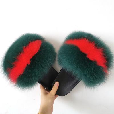 China Colorful Fox Fur Slippers Fashion Trend Raccoon Fur Sliders Custom Furry Soft Furry Outdoor Fluffy Sandals-Real Slides For Women for sale