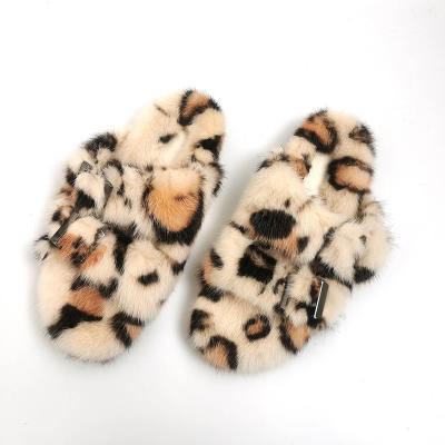 China Fashion Trend Designer Real Mink Fur Sandels For Women Luxury Mink Slippers Leopard Double Strap Sandals for sale