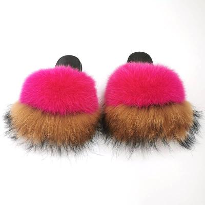 China Fashion Trend Lovely Girls Fox Furry Raccoon Slides Fashion Summer PVC EVA Sole Big Fluffy Fur Custom Sandals For Kids for sale