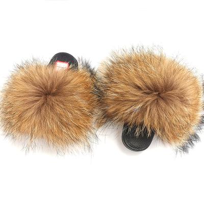 China Custom Fashion Trend Fox Raccoon Fur Fux Brown Royal Blue Slides Wholesale Toddler Baby Fur Slides With Backstrap For Kids 4-10 for sale