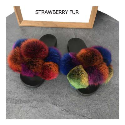 China 2021 Fashion Trend Designer Big Real Fox Raccoon Fur Ball Pom Pom Fur Slides For Women Slippers for sale