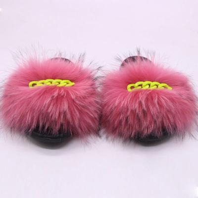 China Fashion Trend Glitter Ladies Fox Fur The Real Bling Bling Glitter Faux Stone Sandals Fox Fur Slides Women's Fashion Fur Slippers With Gold Chain for sale