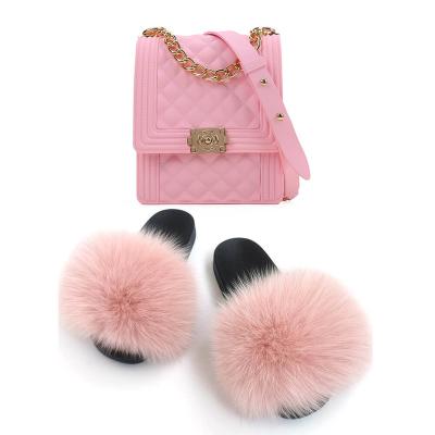 China Fashion Trend Pretty Fox Fur Slides Slipper Rainbow Real Fur Jelly Bag Handbag Sets Furry Sandal And Purse Set for sale