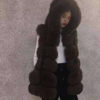 China Sleeveless Genuine Fur Ladies Winter Fox Fur Vest 70cm Long Breathable Hooded Hairy Women Vest With Hood for sale