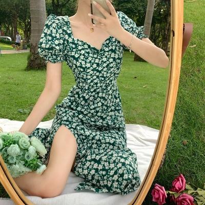 China Sexy Elegant Fairy Boho Chiffon Vestidos Madame Korean Style Summer French Viable Women Sleeve Slit Dress Office Ruffle for sale